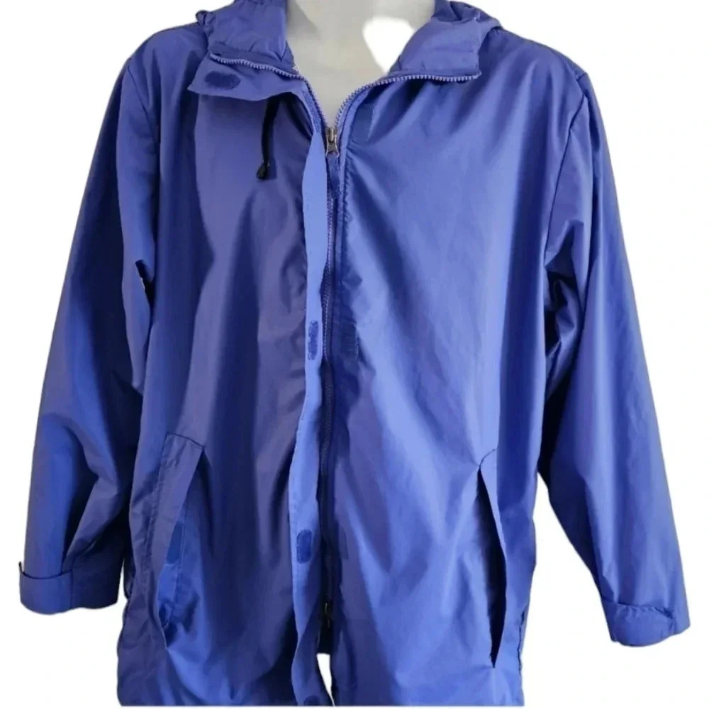 Lands’ End Women Large Blue Hooded Rain Jacket Windbreaker Preppy Nautical Style - Picture 3 of 7